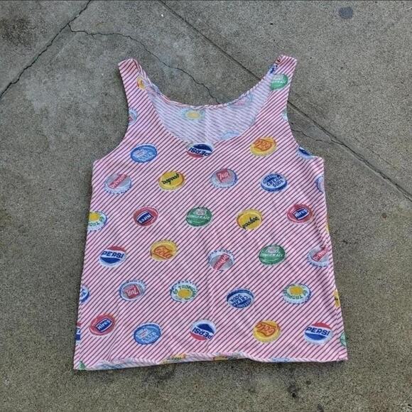 True Vintage 60s Soda Pop Bottle Caps Pinstripe All Over Print Tank Top S - Picture 1 of 4
